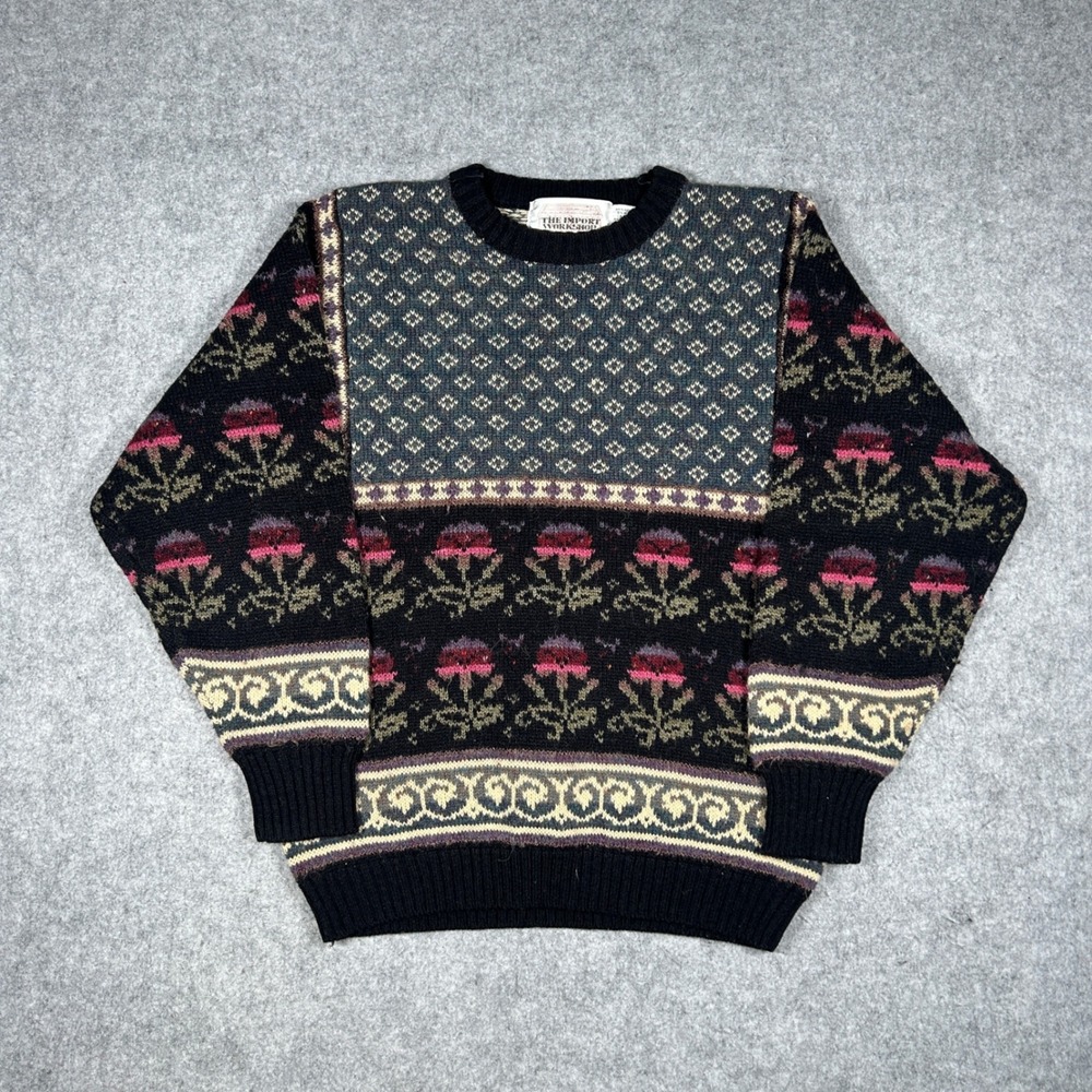 Vintage The Import Workshop Sweater Mens Small Black Floral Fair Isle Knit 90s